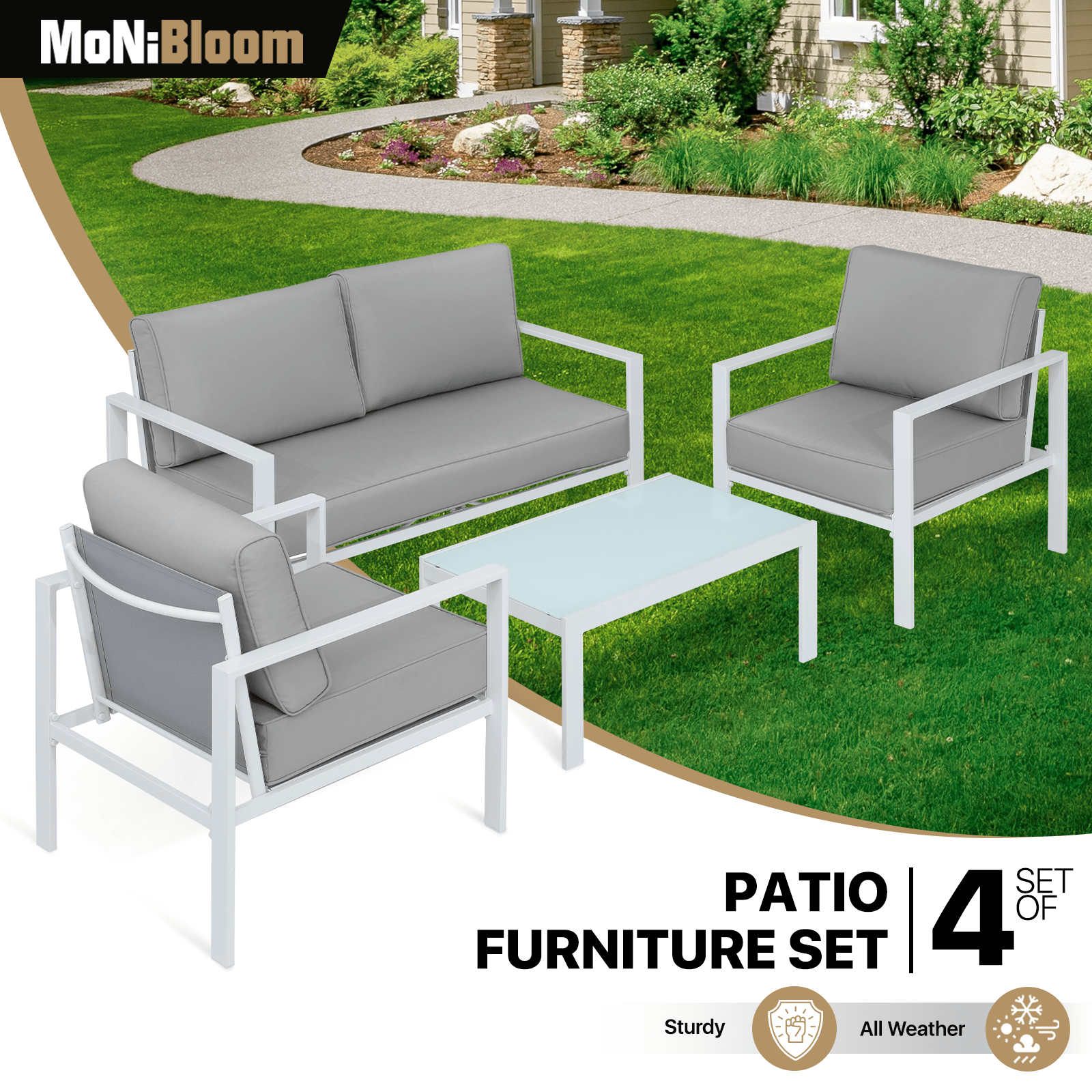MoNiBloom 4 Pieces Outdoor Patio Furniture, All Weather Conversation Set with Tempered Glass Coffee Table for Garden Backyard Porch Balcony Poolside Deck Lawn, Loveseat and Chairs with Thick Cushions