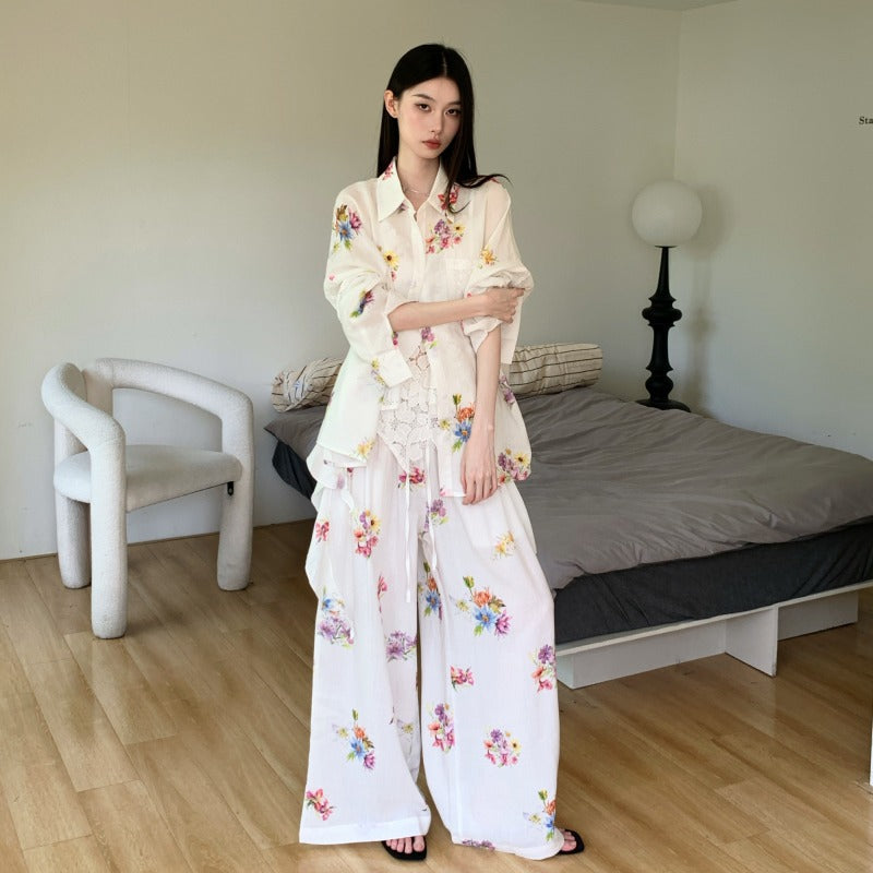 Tencel Ramie Botanical Floral Print Sun-protective Shirt With Fluttering Ribbons And Elastic Waistband Beach Pants