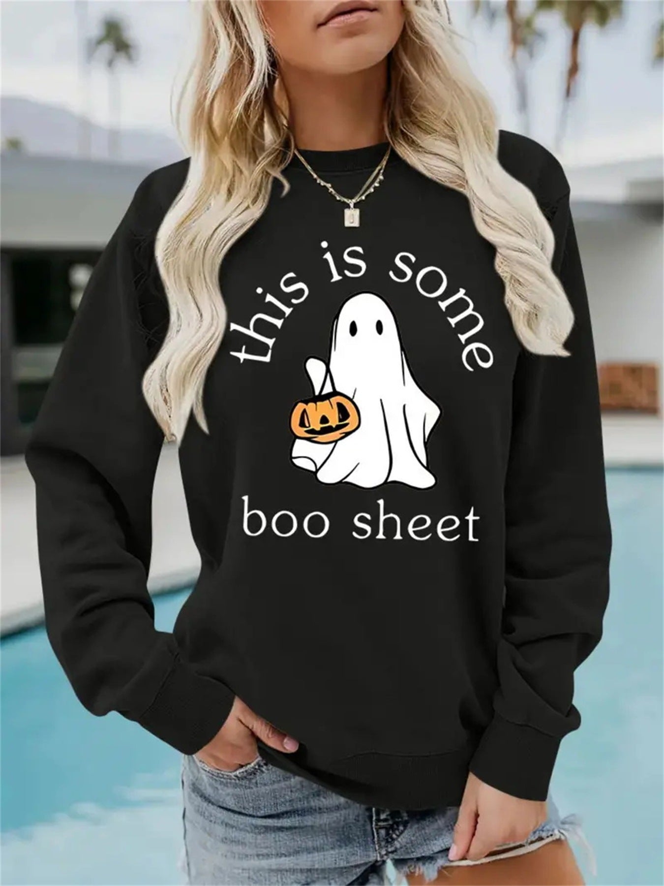 Spooky Chic Halloween Print Crewneck Pullover Sweatshirt