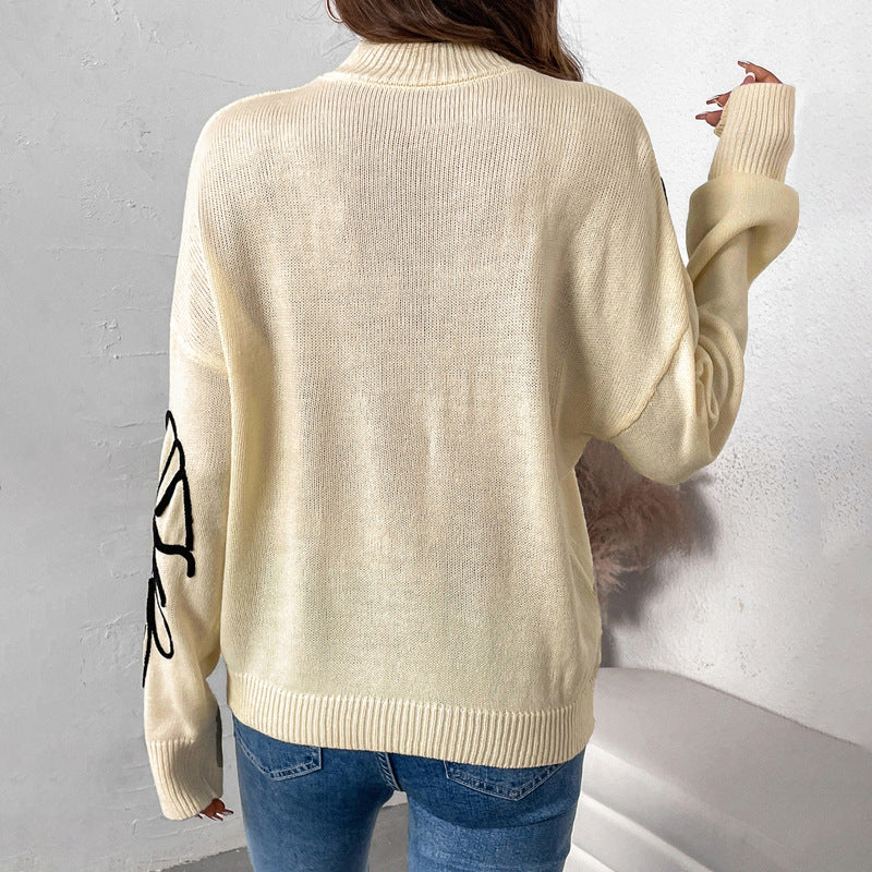 Women's Half Turtleneck Flower Pattern Sweater