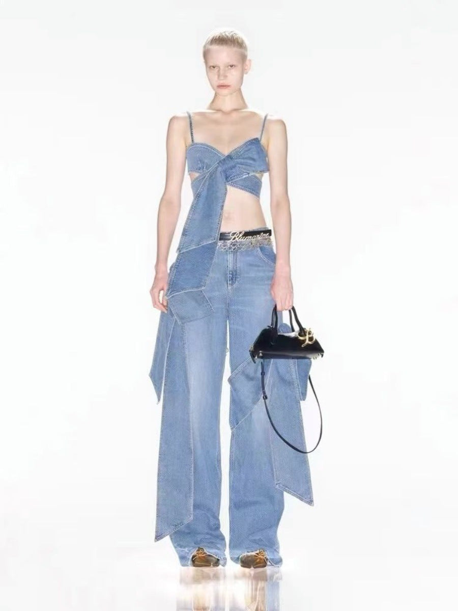 Sexy Bow Tie Denim Crop Top & Ultra Short Set