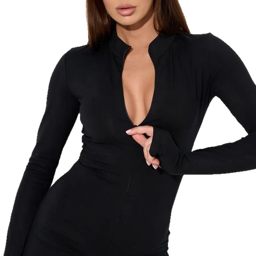 Zip-Up Long Sleeve Yoga Jumpsuit Workout Shorts