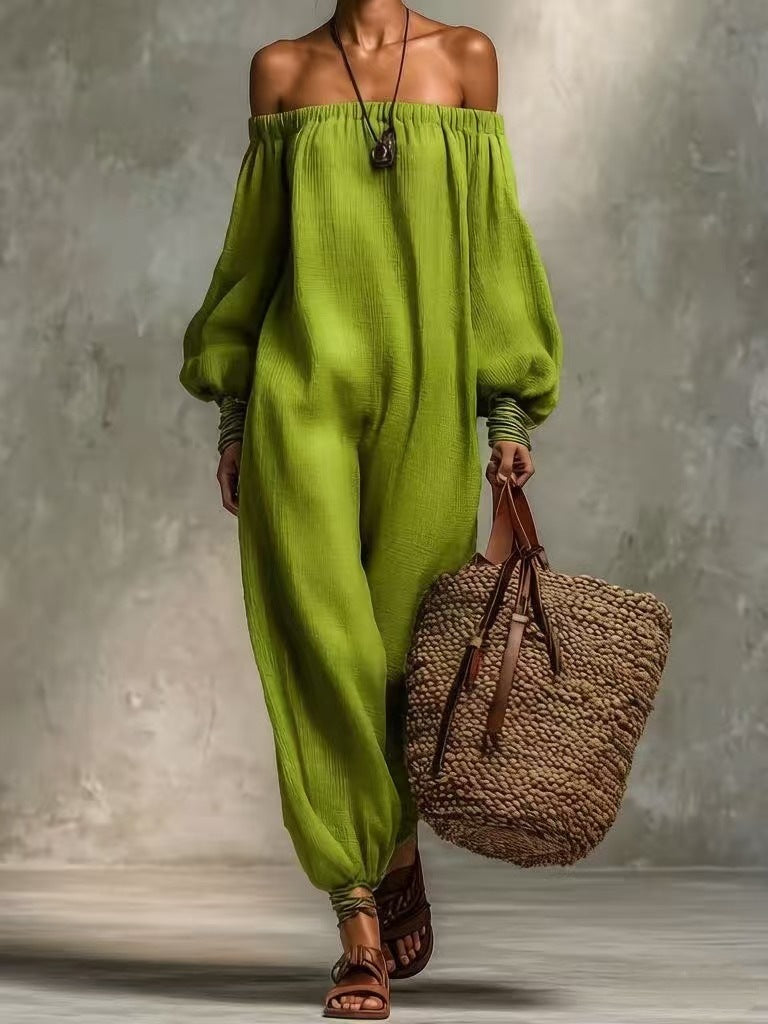 Summer Solid Colored Cotton Linen Off Shoulder Jumpsuit Harem Pants