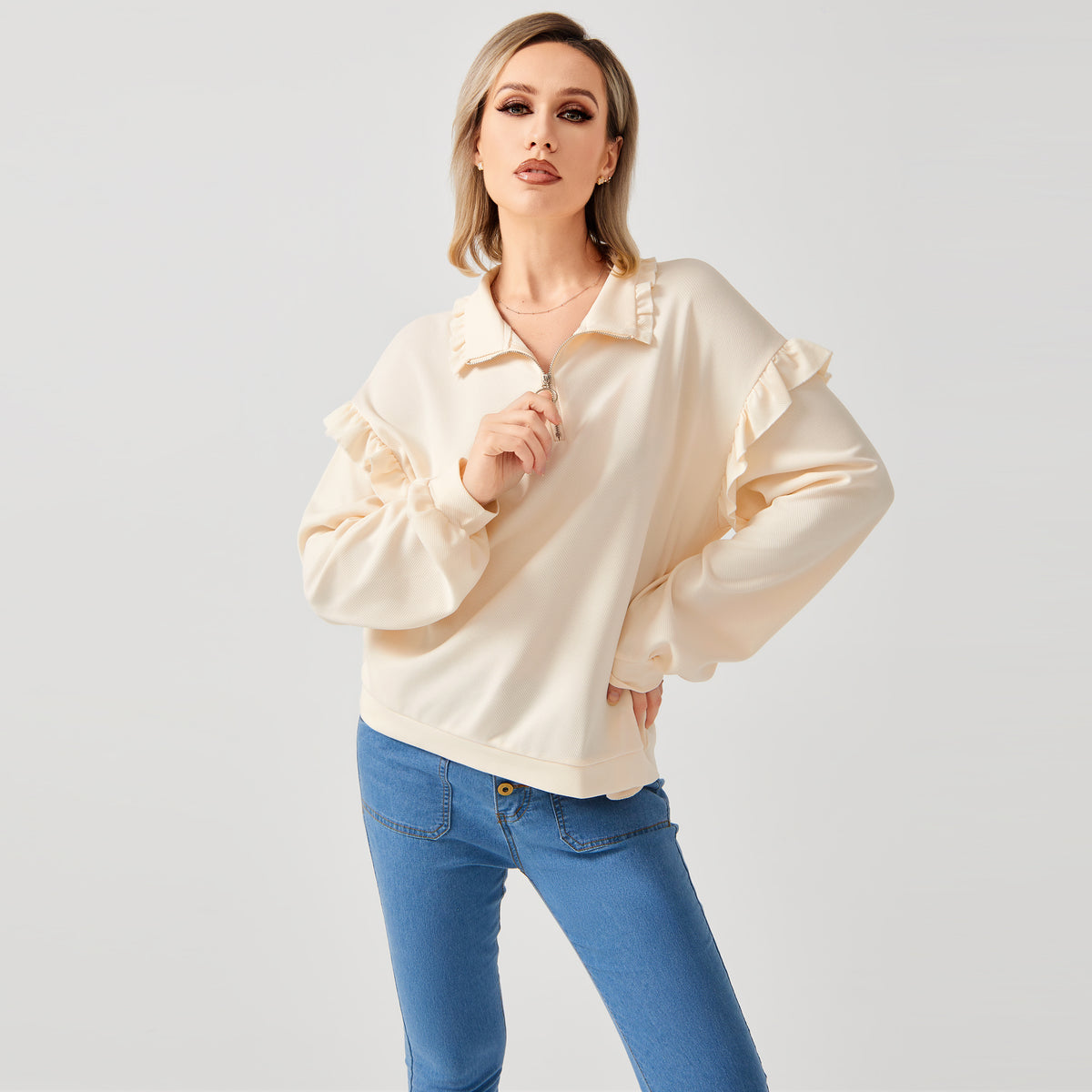Women's Half Zip Ruffle Sweatshirt Casual Pullover