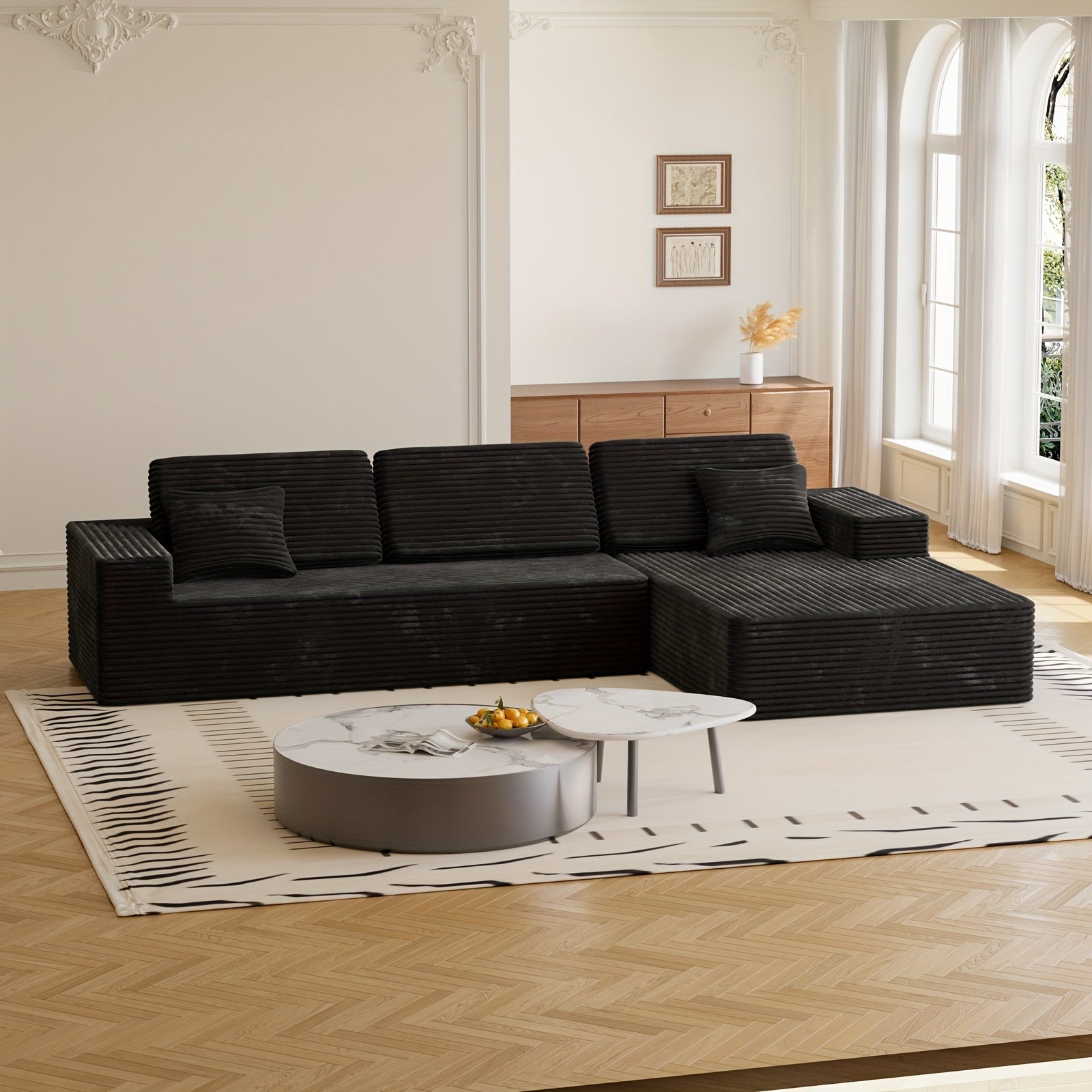 Modular L-shaped chaise longue sofa bed with deep seat and corduroy upholstery
