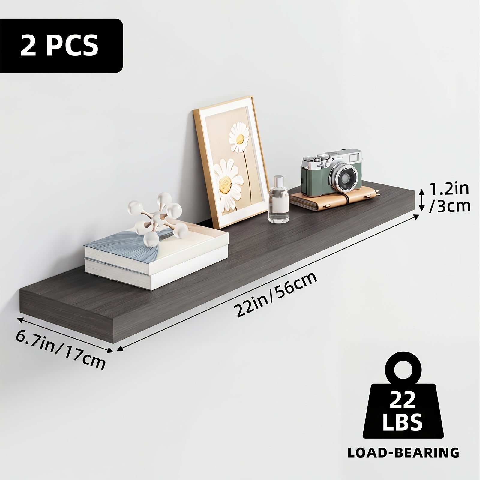 Set of wooden floating shelves for wall-mounted storage