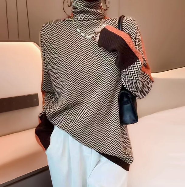 Cozy Plaid Jacquard Turtleneck Knit Sweater for Women