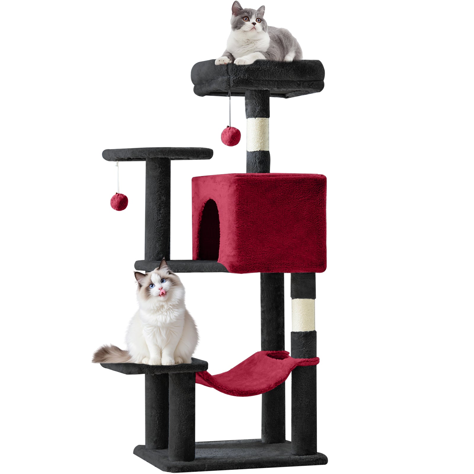 44 Inch Indoor Cat Tower With Scratching Post, Hammock & Cave - Multi-Level Cat Condo With Anti-Tilt Stable Base, Easy Assembly, Durable Polyester Fiber