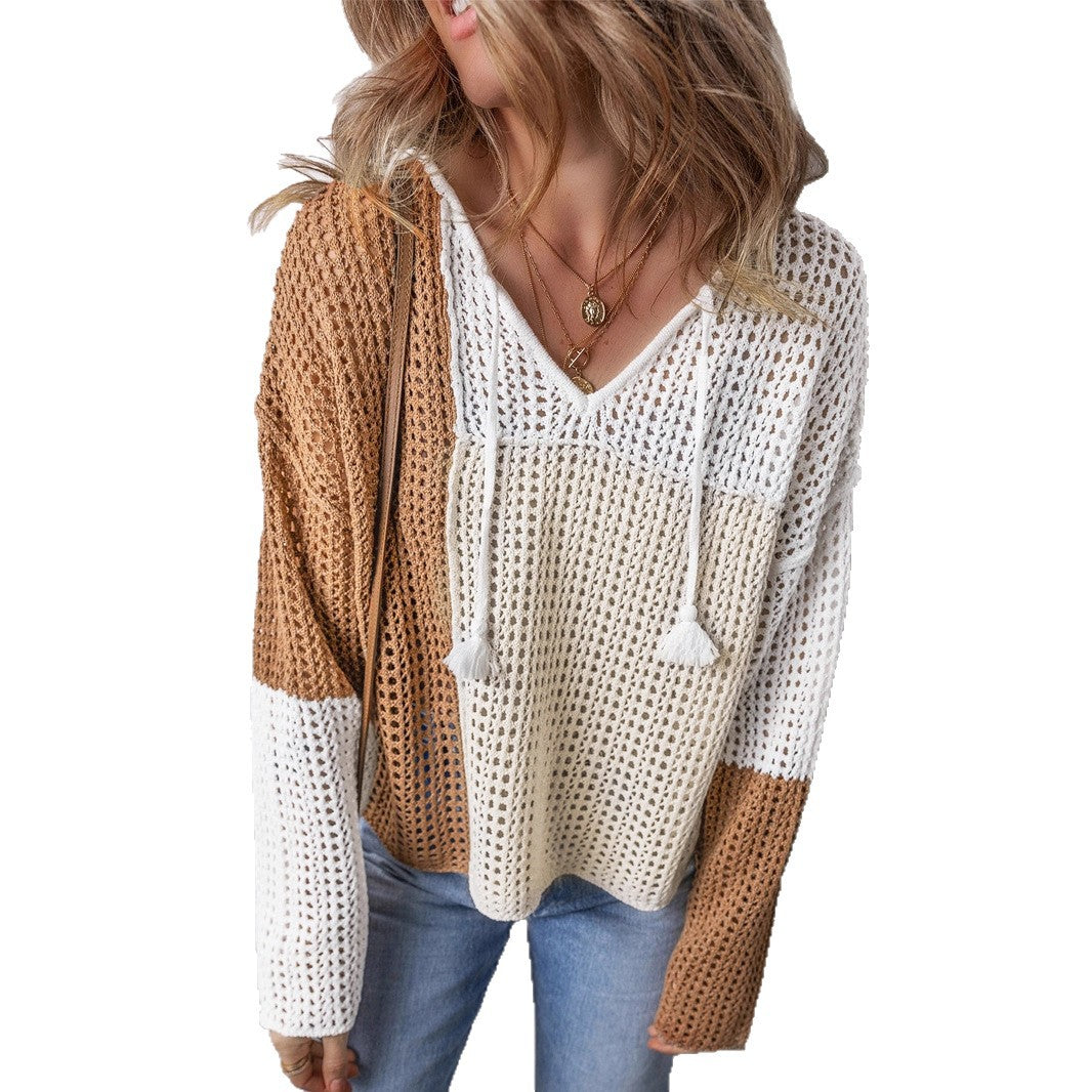 European and American Leisure Style Color Matching Hollow Out Sweater