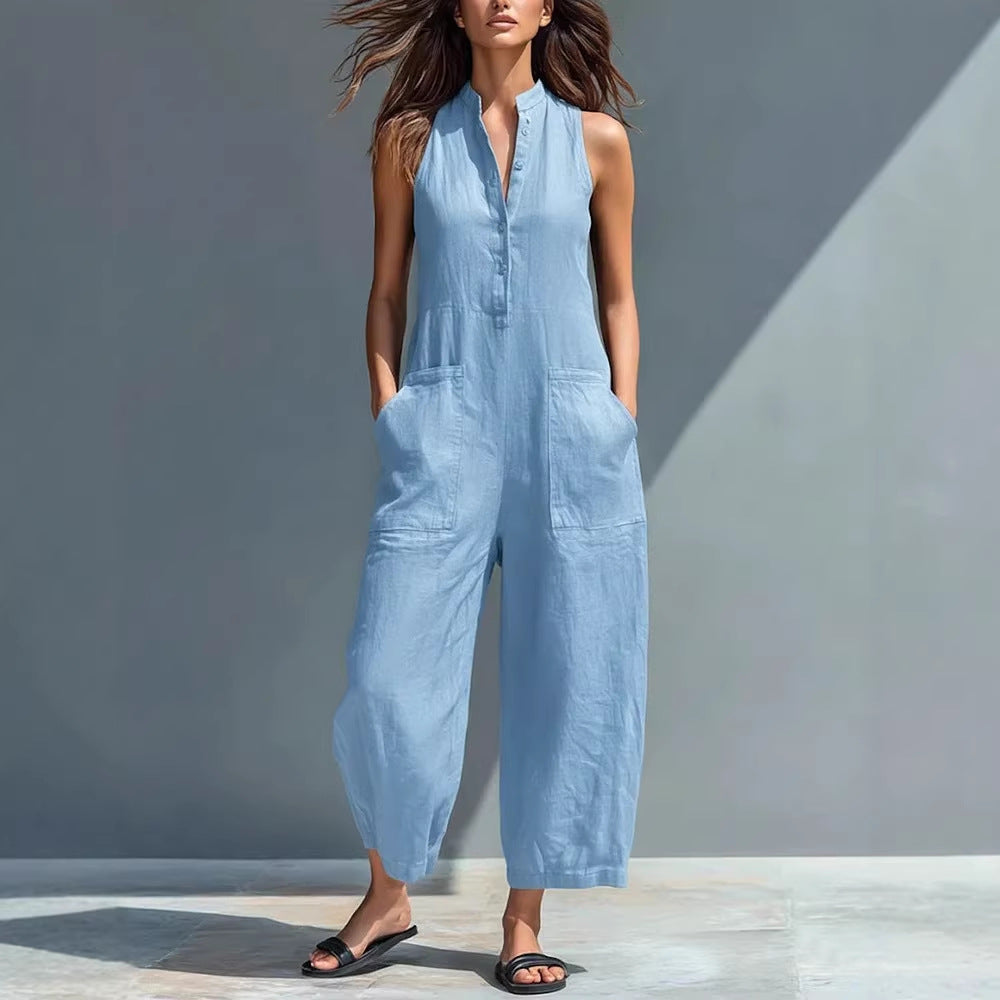Casual Womens Sleeveless Stand Neck Pocket Jumpsuit