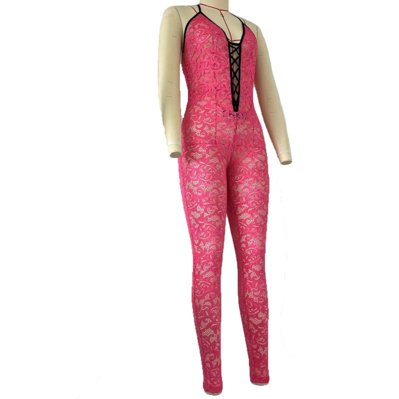 Fashion Hollowed-out Contrast Color Suspenders Slim Fit Backless Hot Girl Jumpsuit