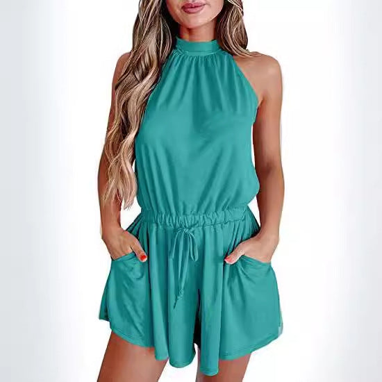 Women's Printed Halter Lace-Up Loose Jumpsuit Romper