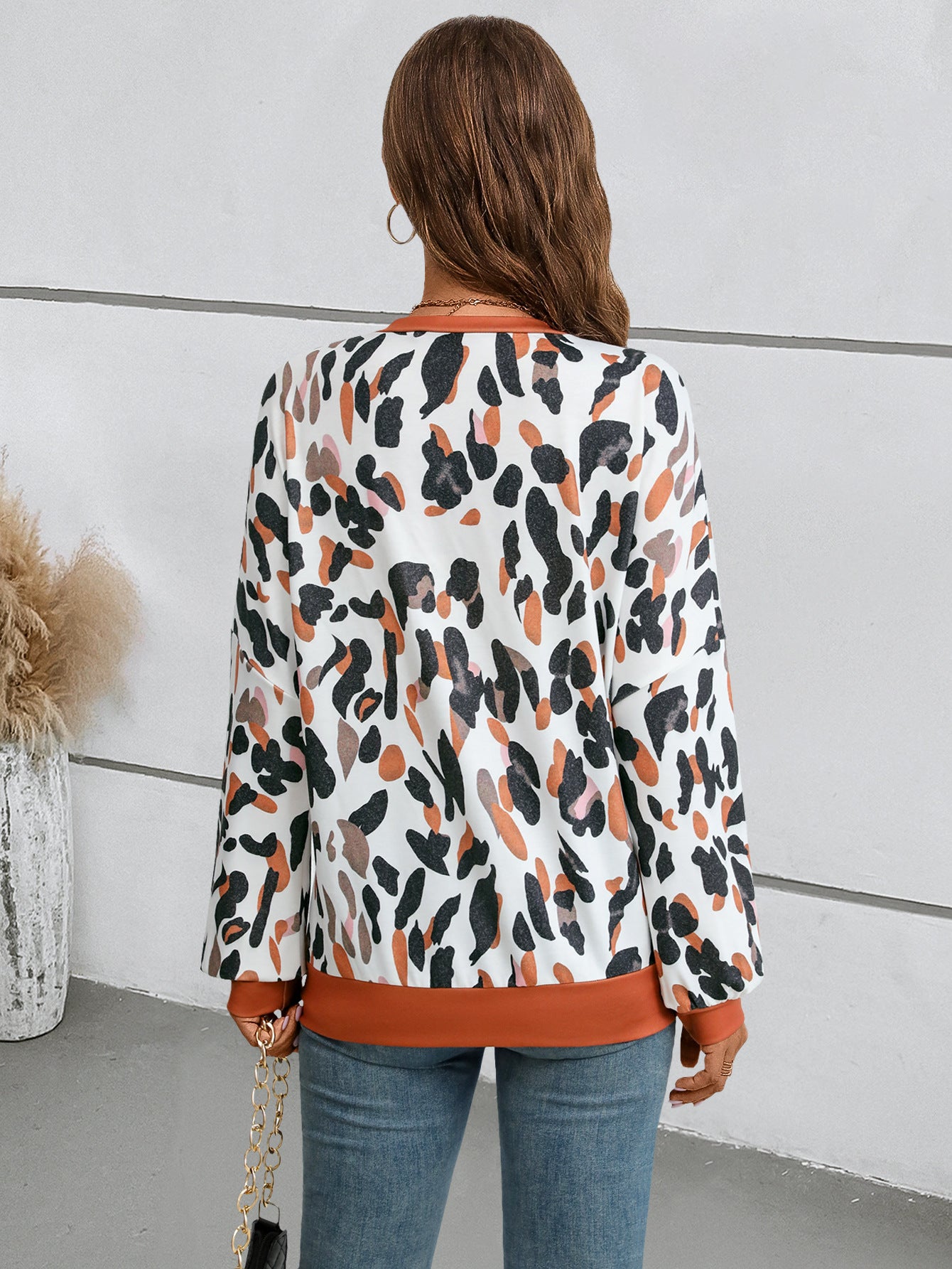 Chic Printed Lantern Sleeve Drop-Shoulder Sweater