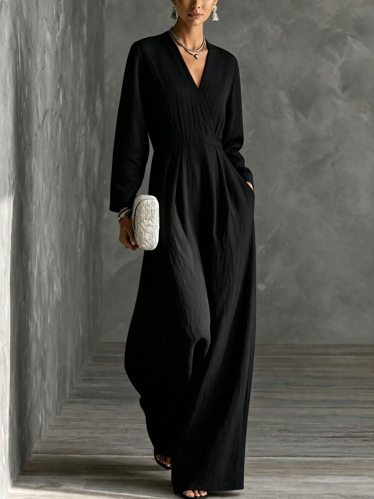Chic V-Neck Long-Sleeve Wide-Leg Jumpsuit