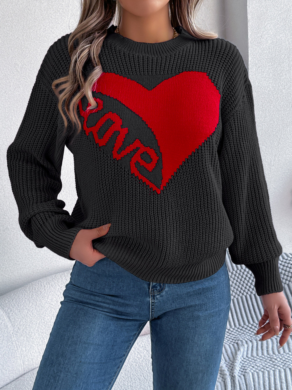 Women Casual Color Block Heart Love Long Sleeve Pullover Sweater