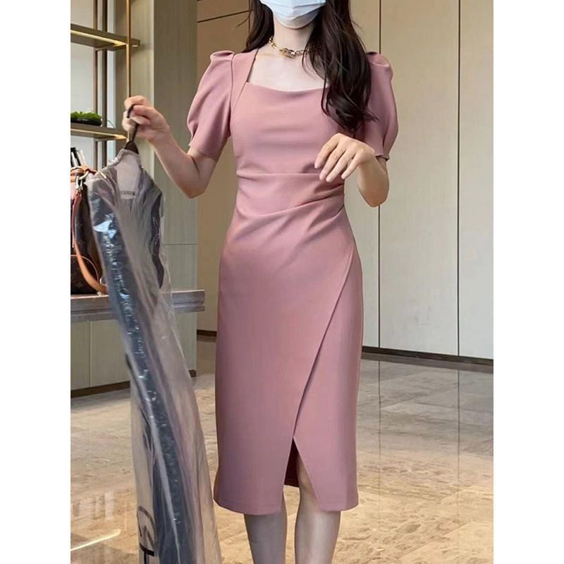 Womens Mid-length Slit Dress with Puffed Sleeves