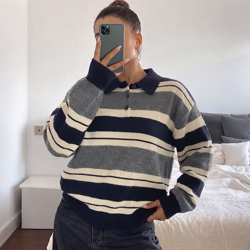 Loose-fitting Striped Color-block V-neck Half-zip Knit Sweater
