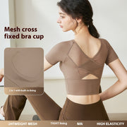 Mesh Cross-Back Yoga Top – Breathable, Stretchy Short Sleeve