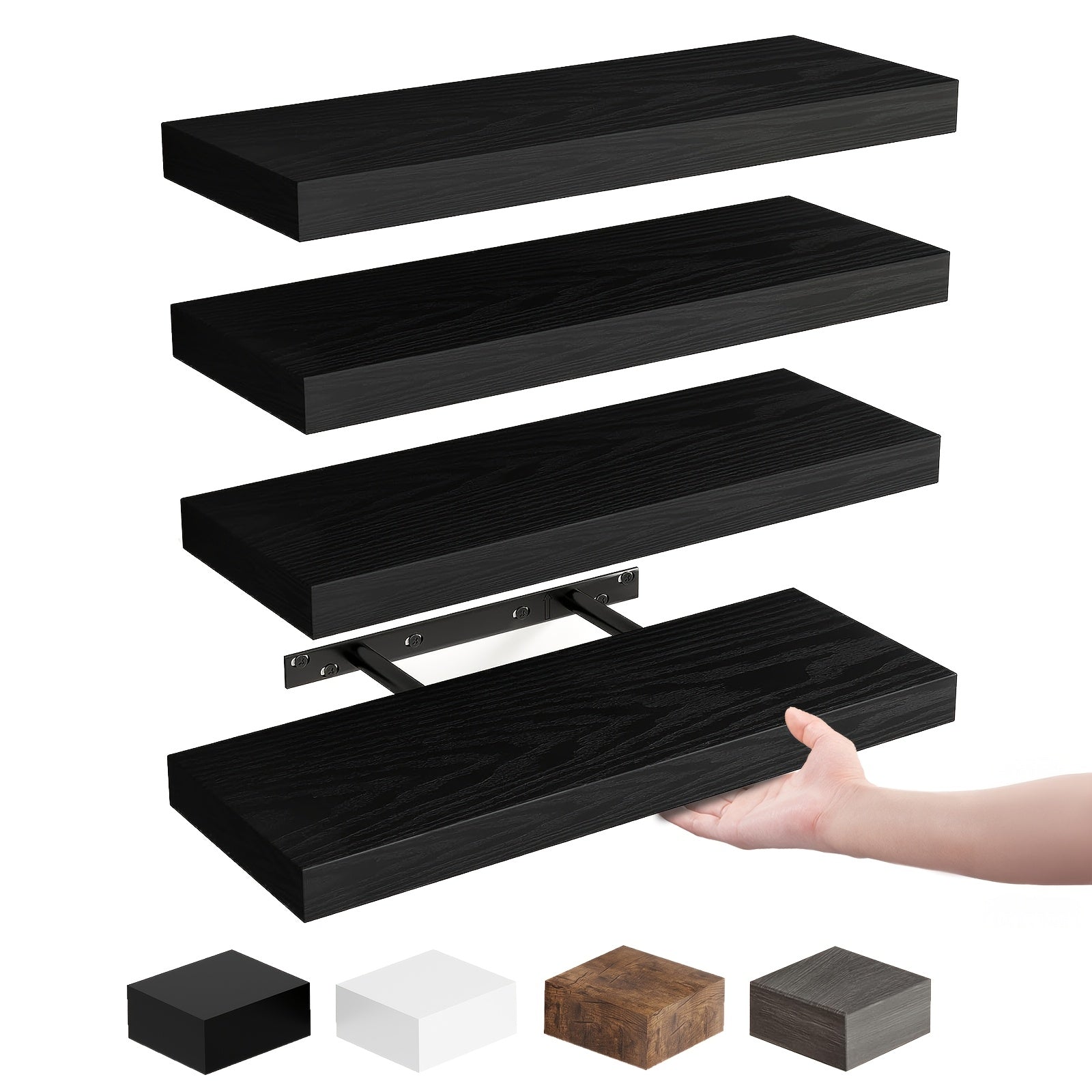 Rustic floating wall shelves with invisible brackets in brown or black finish