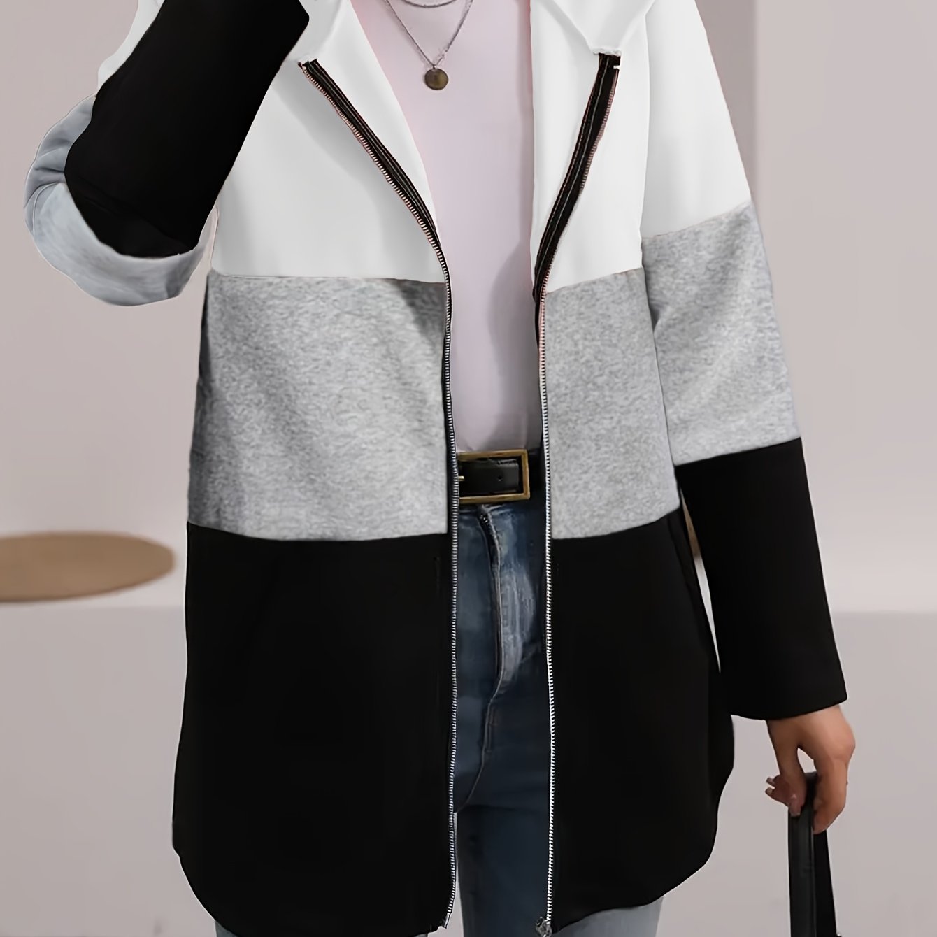 Elegant Multicolor Patchwork Hooded Zip-Up Sweatshirt Jacket (Plus Size)