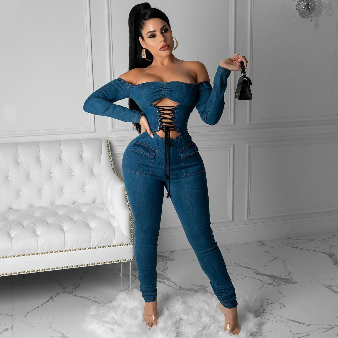 Women's Off-Shoulder Distressed Denim Jumpsuit