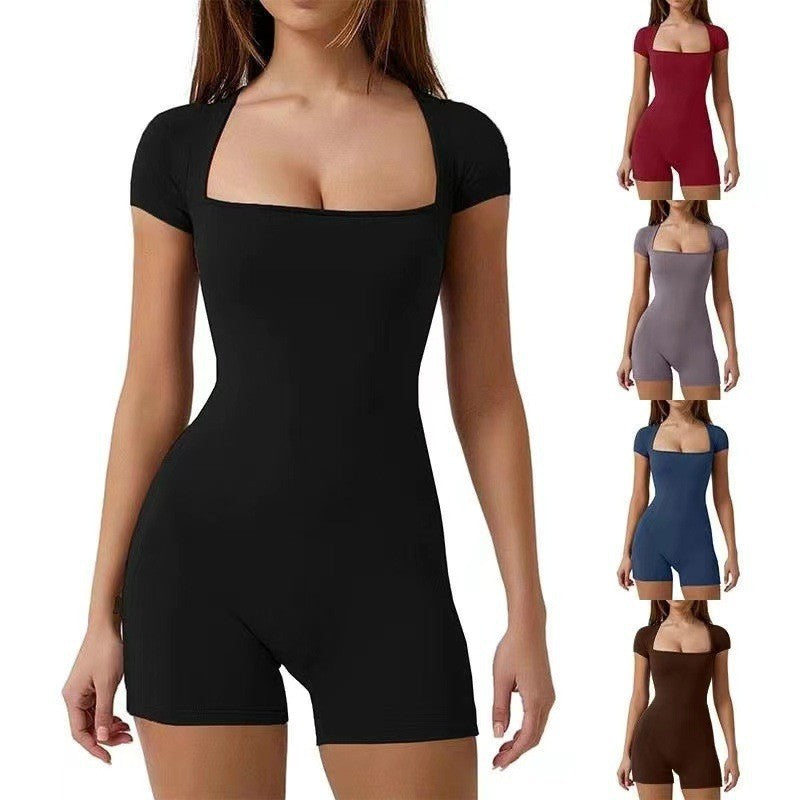 Women's Casual Solid Color Short Sleeved One-piece Yoga Suit