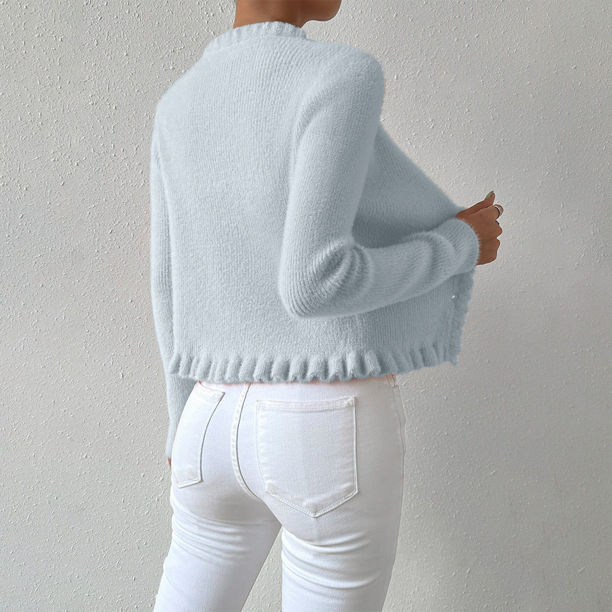 Knitted Cardigan Gentle Temperament Wooden Ear Pearl Buckle Sweater for Women