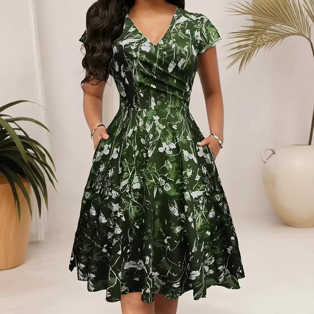 Womens Floral Waist Cinched Short Sleeve V Neck Dress