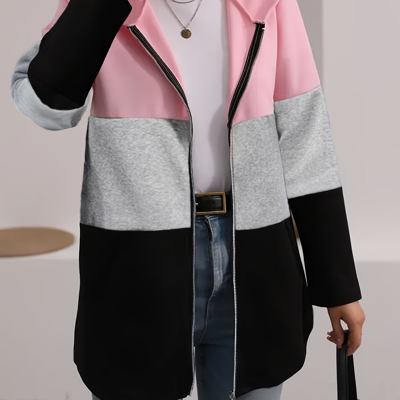 Elegant Multicolor Patchwork Hooded Zip-Up Sweatshirt Jacket (Plus Size)