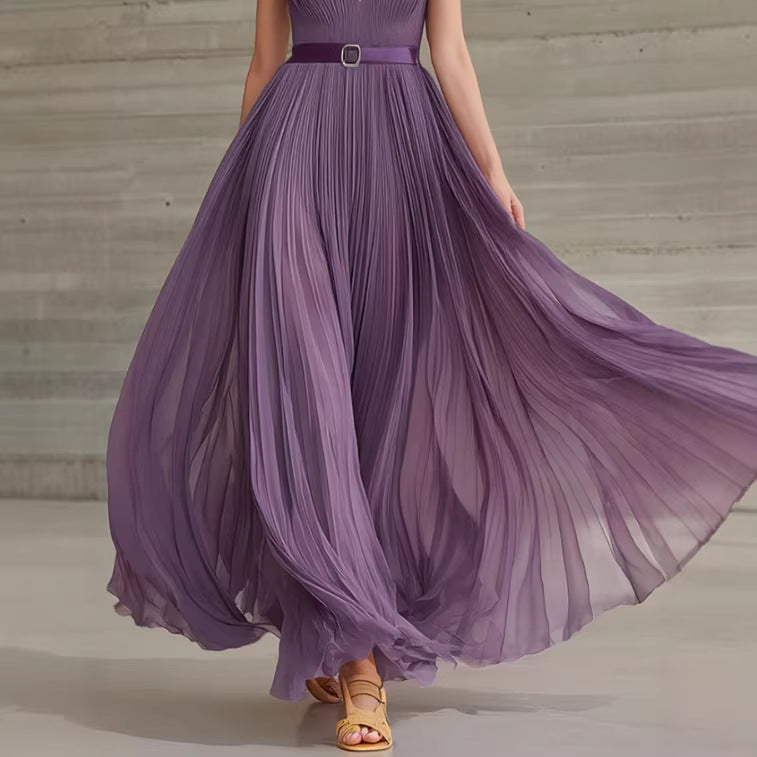 Vintage Purple Chiffon Pleated V-neck Long Dress with Belt