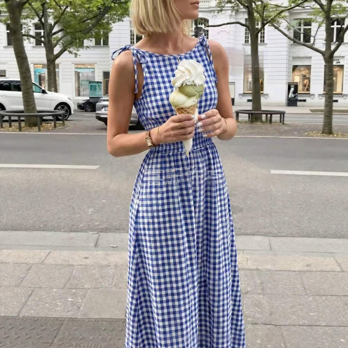 Plaid Bow-Strap Ruffled A-Line Dress
