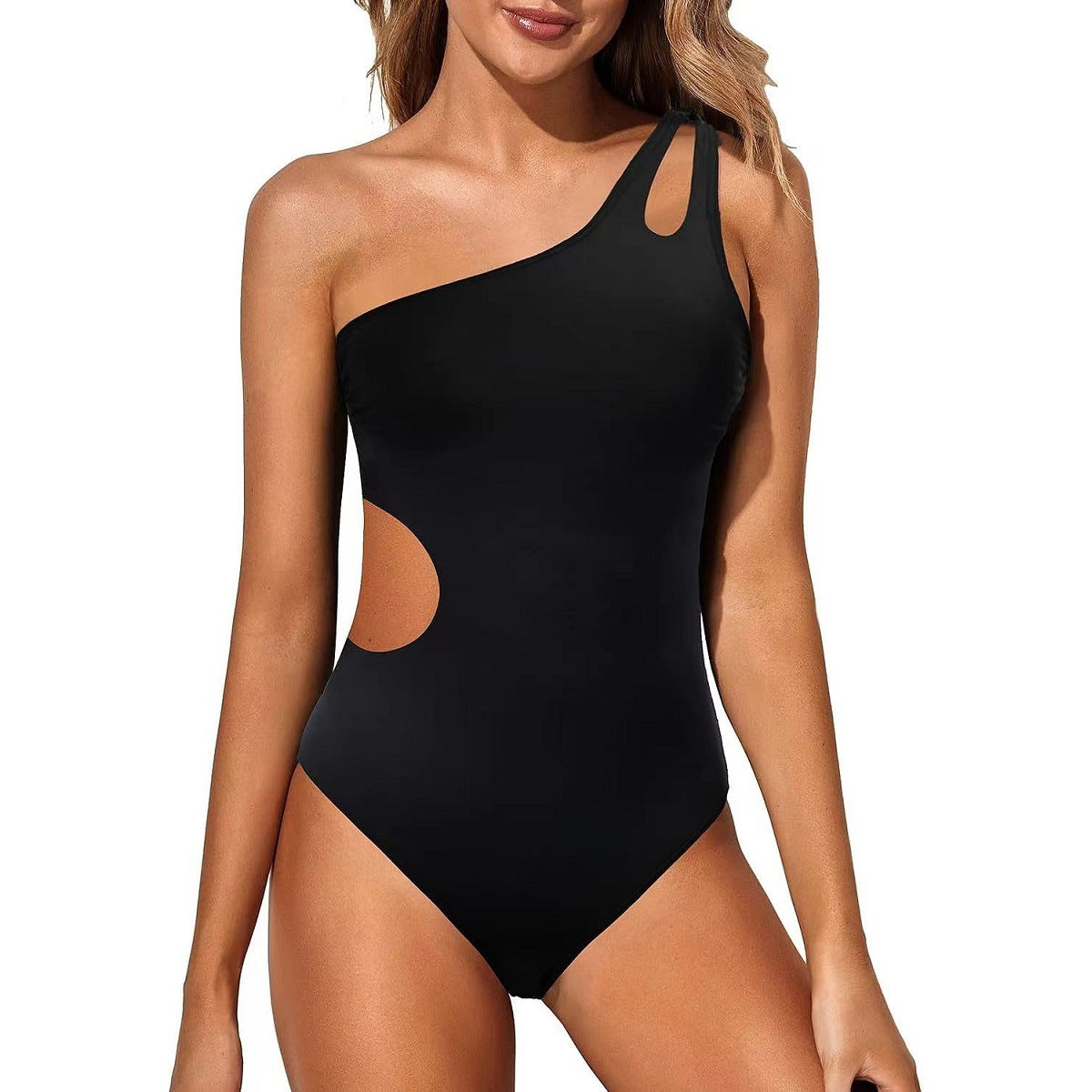 Women's Fashion One-shoulder Solid Color One-piece Swimsuit