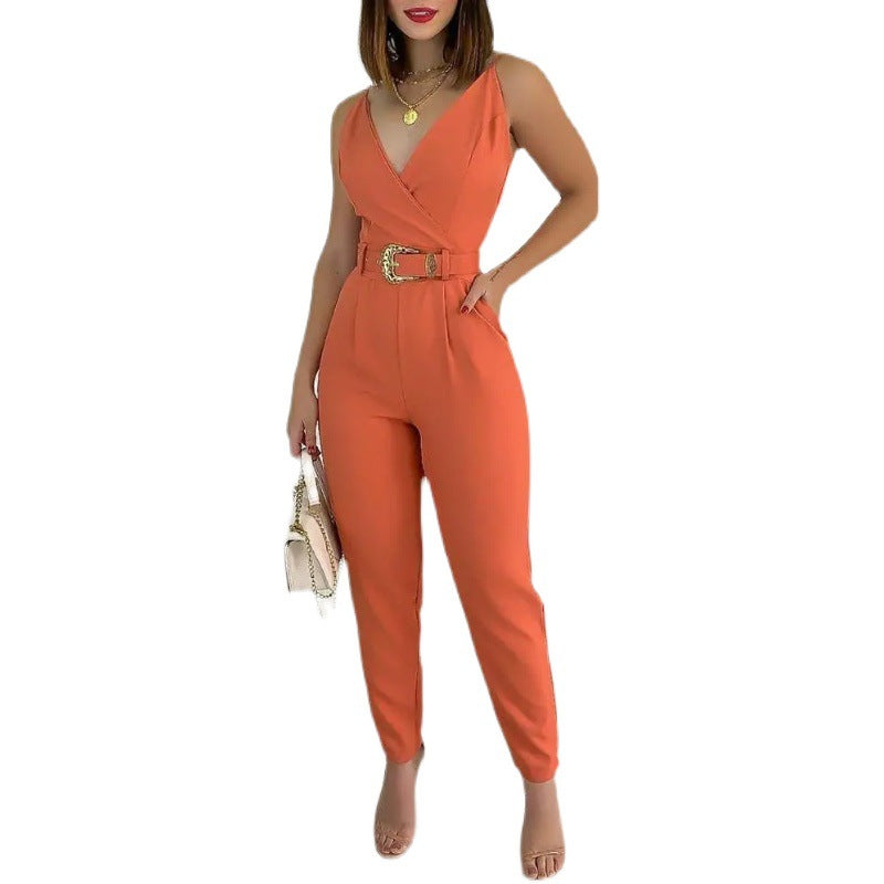 Women's V-Neck Lace-Up Solid Casual Jumpsuit