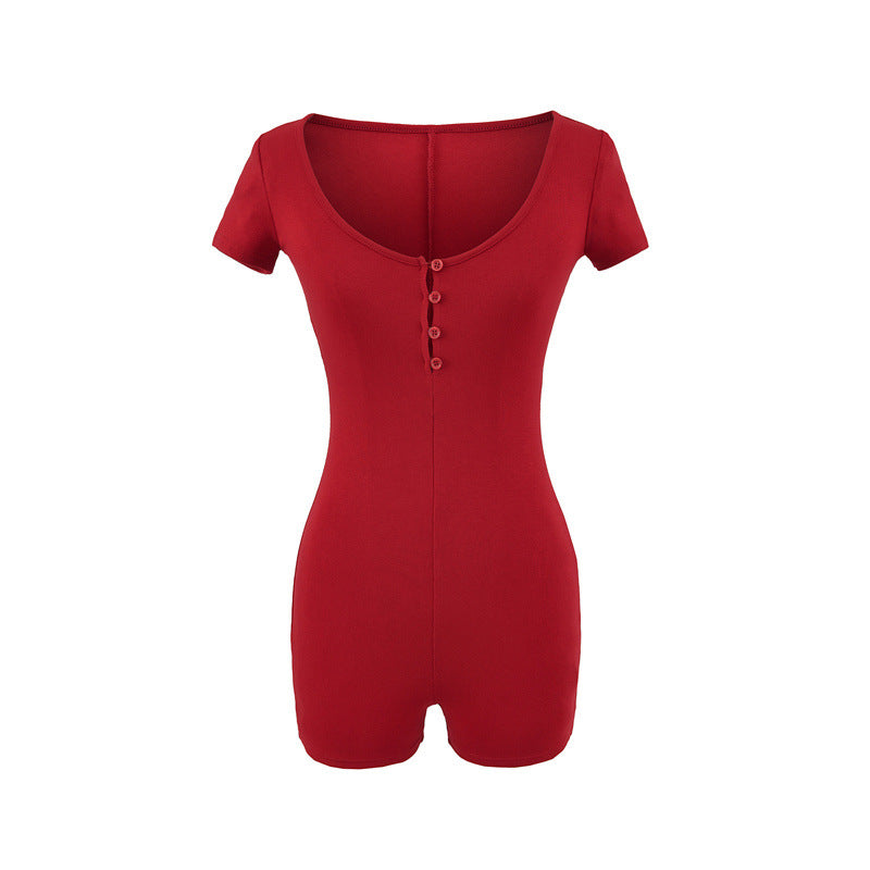 Women's Button-Front Short Sleeve Casual Jumpsuit