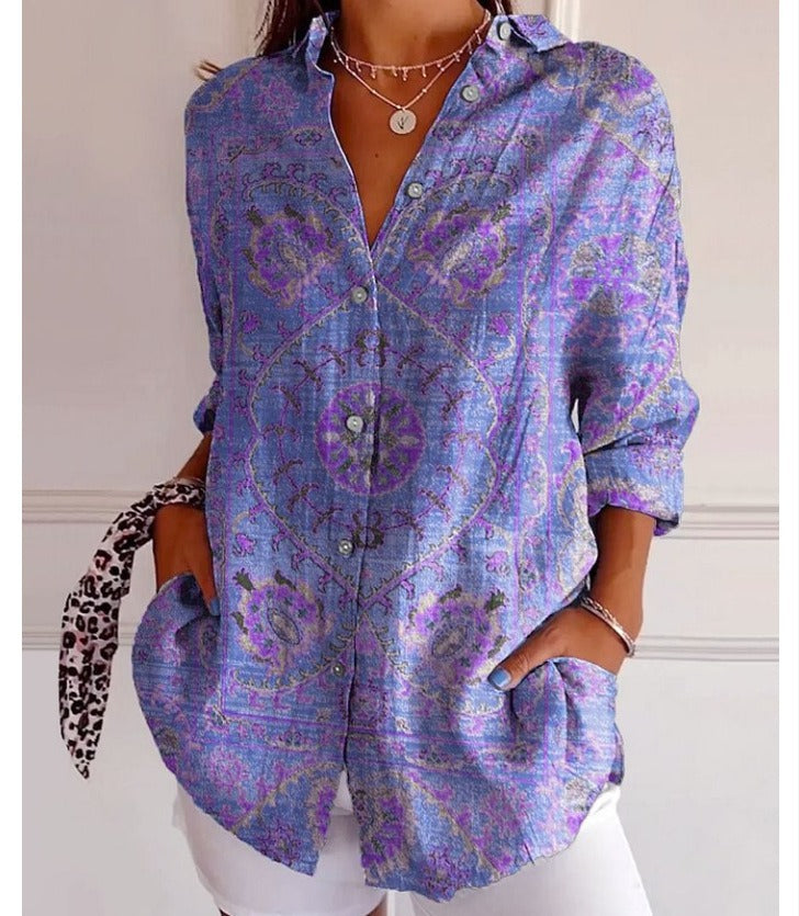Women's 3D Digital Printing Fashion European And American Style Lapel Long Sleeve Shirt