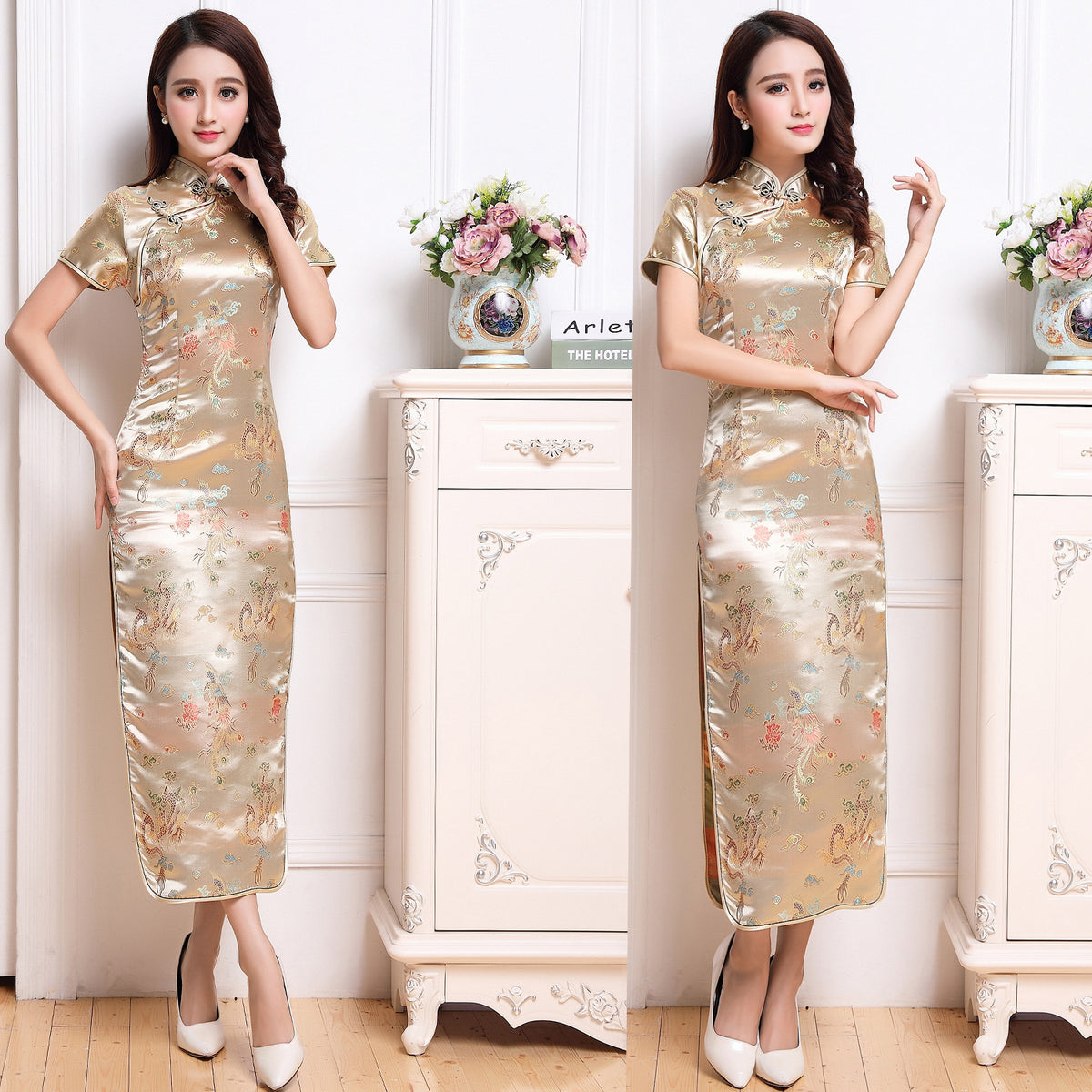 Chinese-style Stand-up Collar Diagonal Placket Short-sleeve Womens Vintage