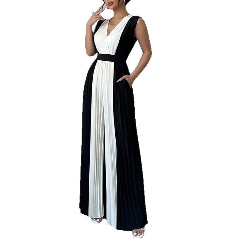 Elegant Long-Sleeve V-Neck Printed Wide-Leg Jumpsuit