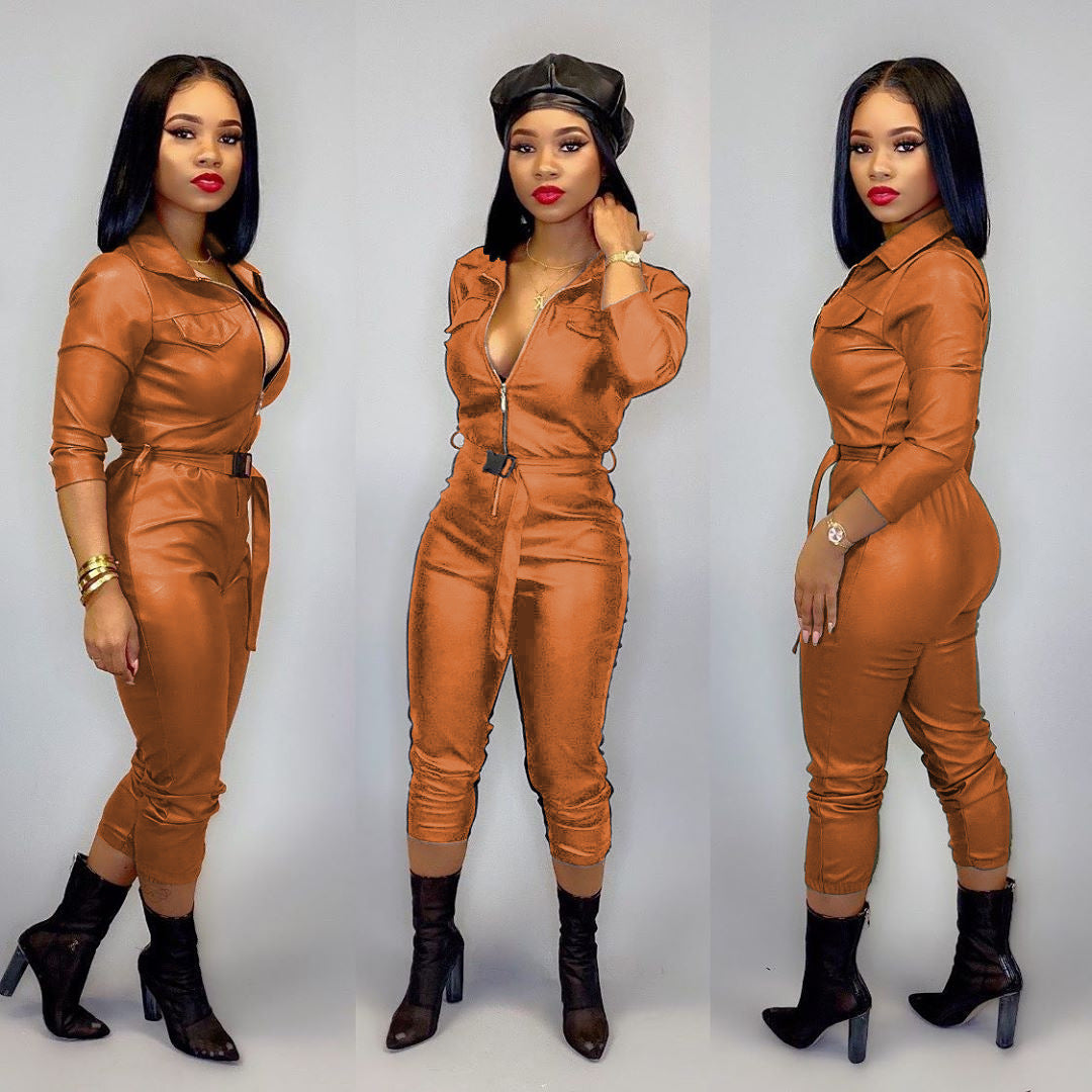 Women's High Elastic Faux Leather Casual Jumpsuit