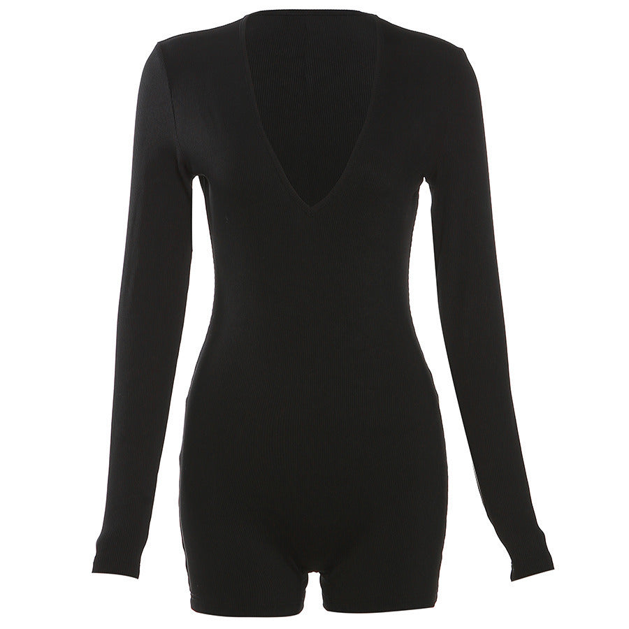 Women's Jumpsuits V-neck Hot Girl Long Sleeve Solid Color