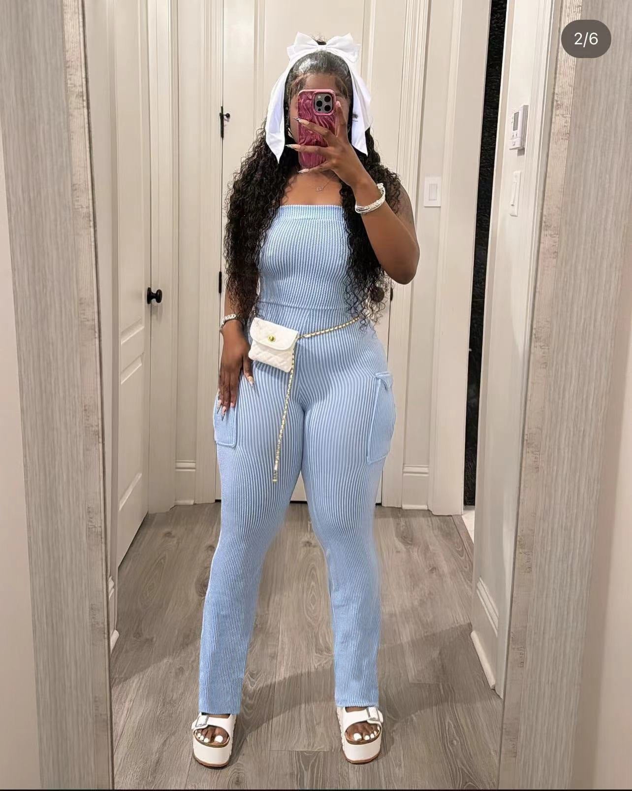Womens Fashion Solid-color Ribbed-pocket Bodycon Jumpsuit