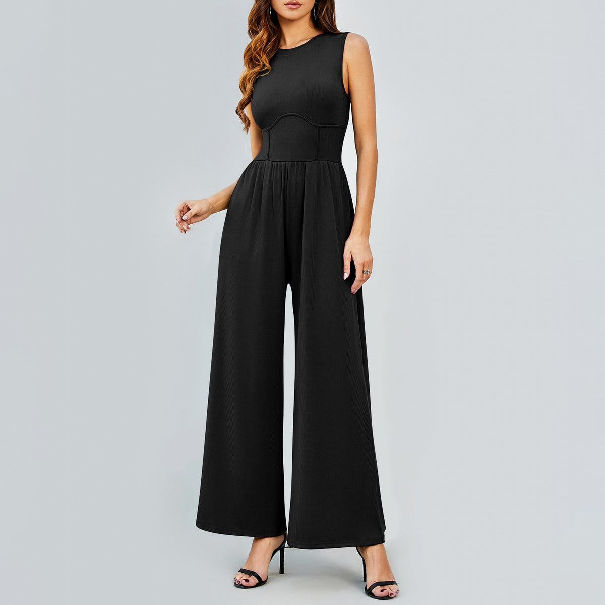 Womens Round-neck Solid-color Sleeveless Slim-fit Long Casual Jumpsuit