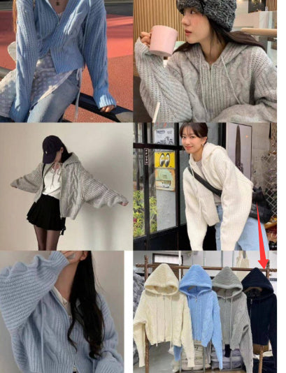 Loose and Idle Twist Hooded Double-headed Zipper Design Sweater Cardigan Coat