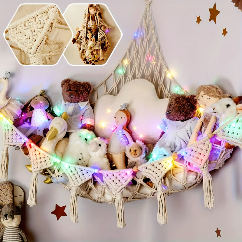 Jumbo Corner Hanging Stuffed Animal Storage Net with LED Light – Three‑Color Plush Organizer