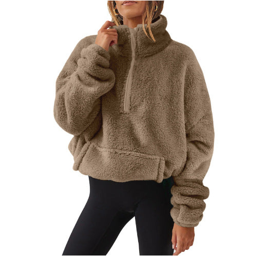 Women's Fleece-Lined Half-Zip Stand Collar Sweater
