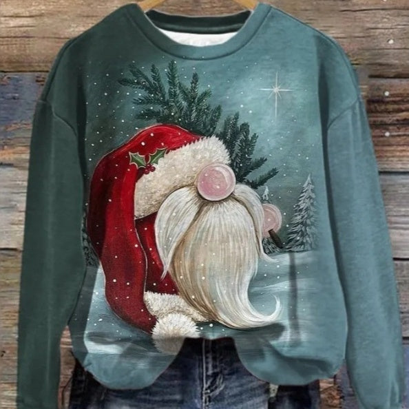 Women's Printed Round Neck Autumn Winter Pullover Sweater Top