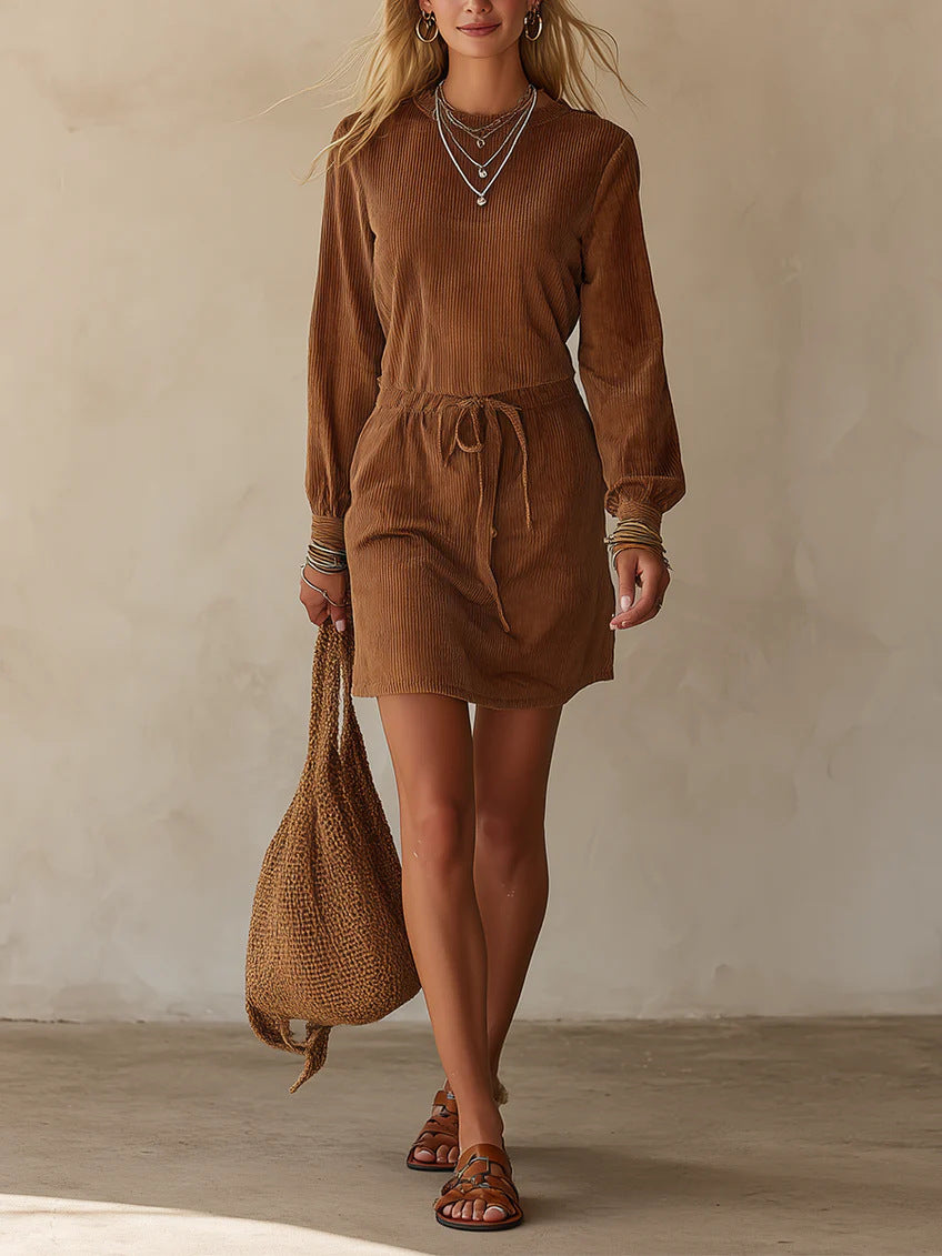 Cord-Tie High-Waist Corduroy Mini Skirt