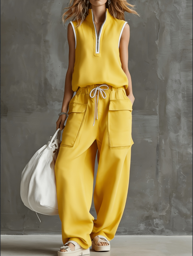 Chic Linen-Blend Half-Zip Two-Piece Workwear Set