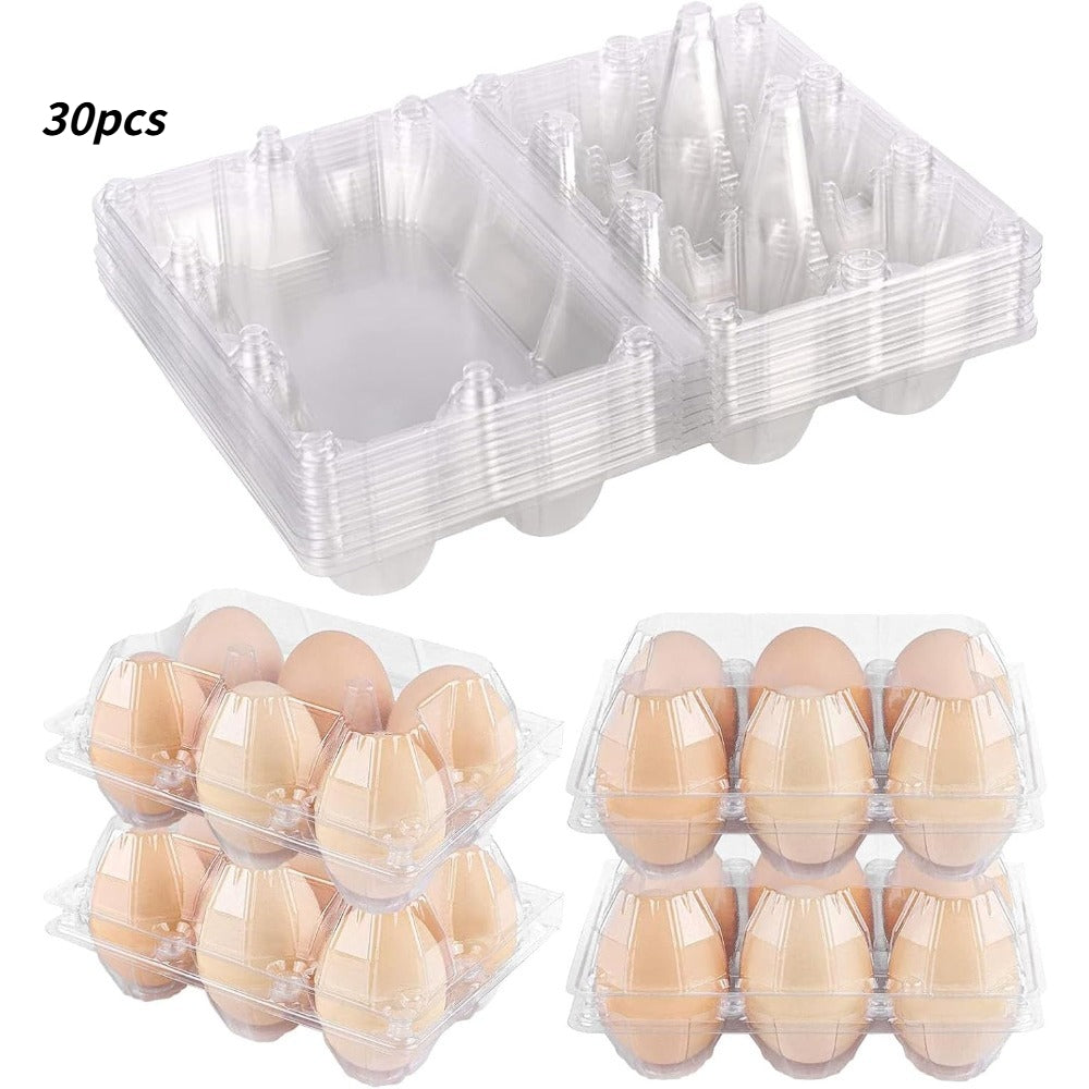 30‑Pack Reusable Clear Plastic Egg Cartons – Six‑Cell Medium Holders for Vendors, Camping and Travel