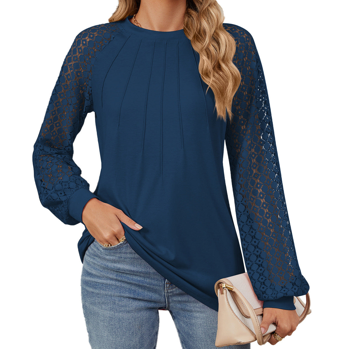 Chic Lace Long Sleeve Round Neck Pullover Top