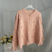 Gentle Chic Three-dimensional Bow Knitted Round Neck Cardigan Sweater
